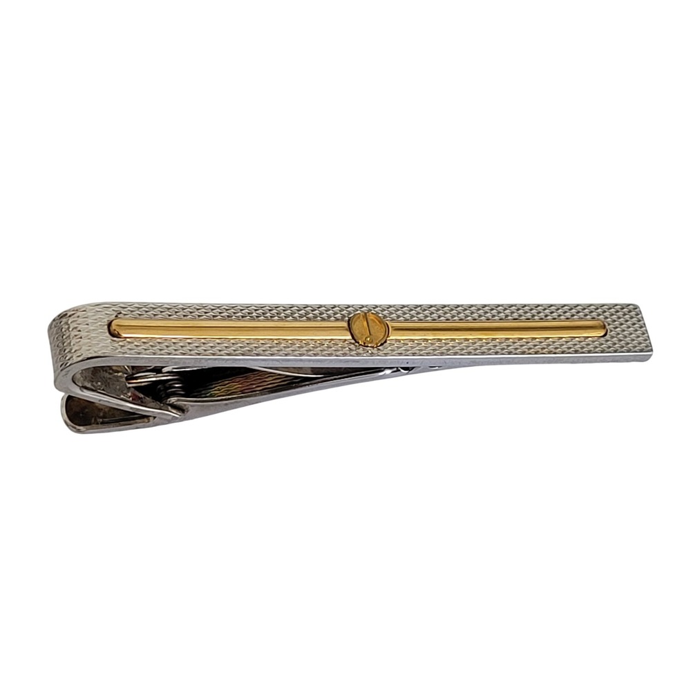 Dunhill Mens Tie Bar Clip Two Tone Silver Gold Textured Screw Detail Accessory